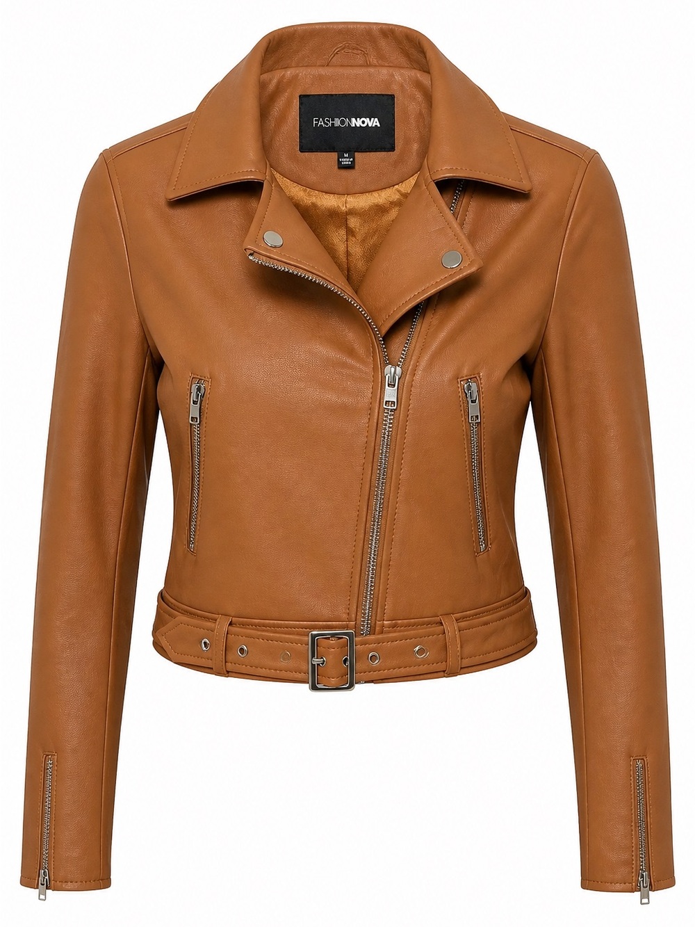 Fashion Nova Cognac Belted Moto Leather Jacket